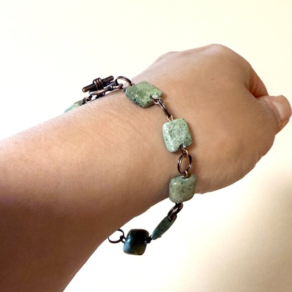 2/$20 Dark Green Serpentine Geometric Bracelet, Genuine Gemstone + Copper Links - Picture 11 of 11